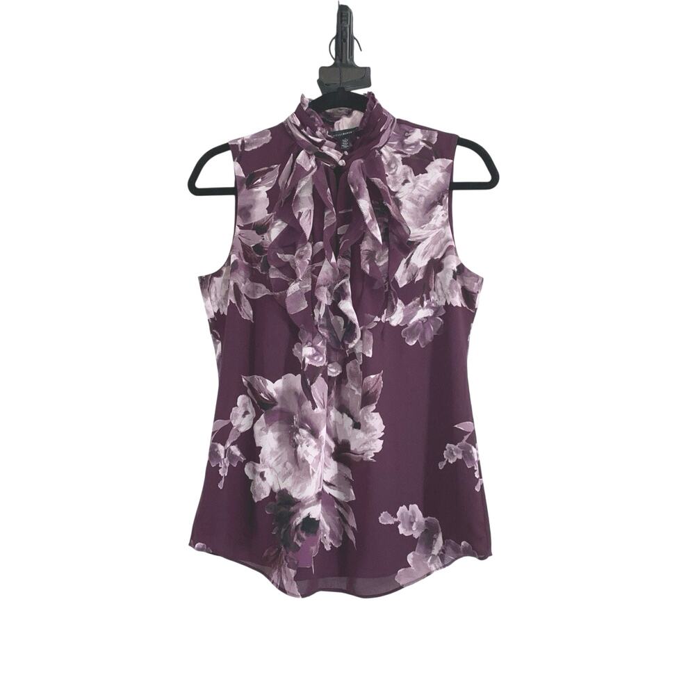 White House Black Market Size 2 Sleeveless Mock Neck Ruffle Blouse Plum Floral